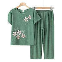 Women's 2 Piece Loungewear Sets Polyester Breathable Crew Neck Short Sleeve T-shirt and Wide Leg Elastic Waist Pants Flower Print Fashion Casual Comfort Street Daily Date Summer Spring Pink Blue 4XL miniinthebox - thumbnail