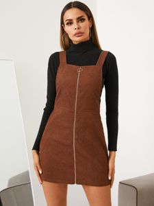 YOINS Brown Side Pockets Zip Front Mini Dress