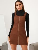YOINS Brown Side Pockets Zip Front Mini Dress - thumbnail