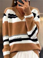 Women's V-neck Long-sleeved Sweater Retro Contrast Sweater