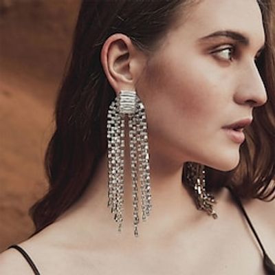 Women's Hoop Earrings Tassel Fringe Precious Elegant Fashion Imitation Diamond Earrings Jewelry Silver For Wedding Party 1 Pair Lightinthebox