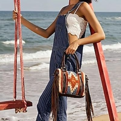 Women's Handbag Tote Boston Bag Linen Office Shopping Daily Tassel Durable Geometric Color Block Royal Blue Blue Fuchsia Lightinthebox