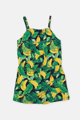 Toddlers Girls Banana Pattern Rompers  Green Combo