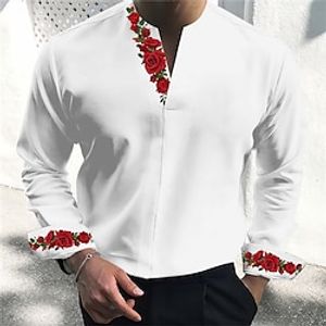 Valentine's Day  Rose Men's Casual 3D printed Henley Shirt Daily Wear Going out Spring  Summer V Neck Long Sleeve Black, White, Pink S, M, L 4-Way Stretch Lightinthebox