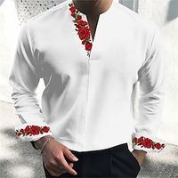 Valentine's Day  Rose Men's Casual 3D printed Henley Shirt Daily Wear Going out Spring  Summer V Neck Long Sleeve Black, White, Pink S, M, L 4-Way Stretch Lightinthebox - thumbnail