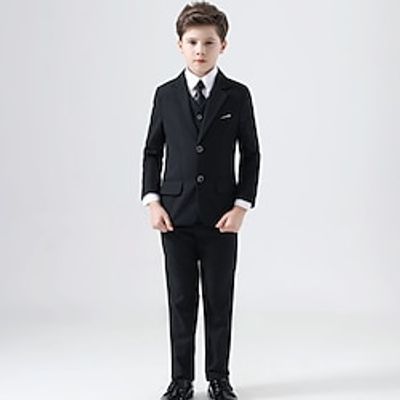 4 Pieces Kids Boys Suit  Blazer Clothing Set Outfit Solid Color Long Sleeve Set Special Occasion Gentle Winter Fall 3-13 Years Black Lightinthebox