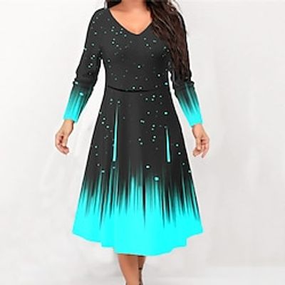 Women's Casual Dress Work Dress Swing Dress Midi Dress Green Black Blue Long Sleeve Abstract Print Winter Fall Spring V Neck Fashion Office Daily Weekend 2022 S M L XL 2XL 3XL 4XL 5XL 6XL miniinthebox