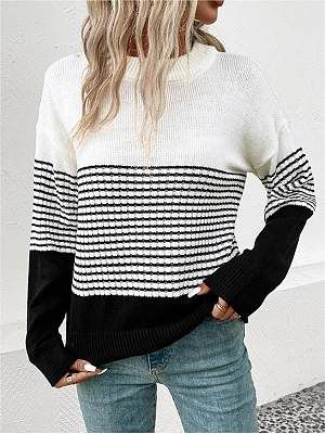 Women's Striped Color Block Casual Crew Neck Sweater Women's Striped Color Block Casual Crew Neck Sweater