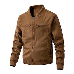 Men's Bomber Jacket Suede Leather Jacket Outdoor Daily Wear Warm Zipper Pocket Fall Winter Plain Fashion Streetwear Standing Collar Regular Camel Black Green Khaki Jacket Lightinthebox
