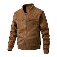 Men's Bomber Jacket Suede Leather Jacket Outdoor Daily Wear Warm Zipper Pocket Fall Winter Plain Fashion Streetwear Standing Collar Regular Camel Black Green Khaki Jacket Lightinthebox - thumbnail