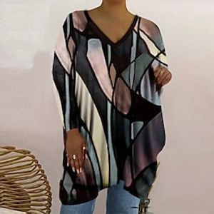 Women's Plus Size Tops T shirt Tee Floral Color Block Print Long Sleeve V Neck Casual Holiday Daily Vacation Polyester Winter Fall Black Purple Lightinthebox