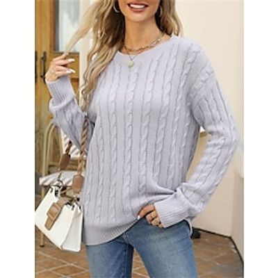 Women's Crew Neck Sweater Cable Knit Oversized Solid Color Pullover Jumper Stylish Casual Outdoor Daily Fall Winter Army Green Purple Lightinthebox