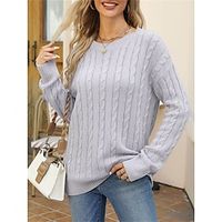 Women's Crew Neck Sweater Cable Knit Oversized Solid Color Pullover Jumper Stylish Casual Outdoor Daily Fall Winter Army Green Purple Lightinthebox - thumbnail