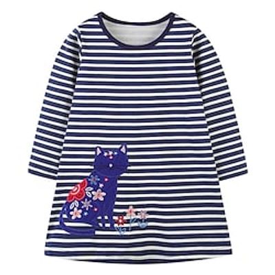 Kids Little Girls' Dress Striped Animal A Line Dress Daily Vacation Navy Blue Long Sleeve Casual Beautiful Dresses Fall Winter Regular Fit 2-8 Years miniinthebox