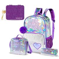 Eazy Kids - 18 School Bag Glitter Bento Box Lunch Bag Pencil Case Set Of 4 - Girl Power Purple