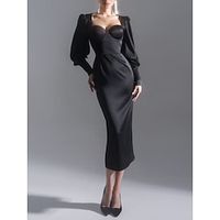 Sheath Black Dress Evening Gown Elegant Dress Formal Tea Length Long Sleeve Sweetheart Satin with Ruched Slit 2023 Lightinthebox - thumbnail
