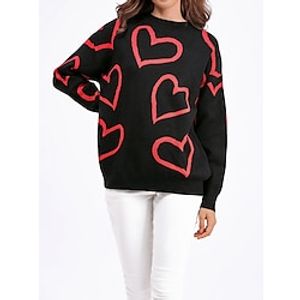 Women's Pullover Sweater Jumper Crew Neck Cable Knit Polyester Knitted Fall Winter Regular Outdoor Going out Valentine Streetwear Stylish Casual Long Sleeve Heart Black White Pink One-Size Lightinthebox