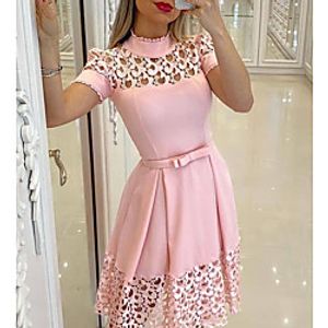 2021 europe and the united states new pink high neck short sleeve hollow flower window dress lzr9147 Lightinthebox