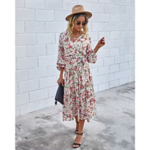 Women's A Line Dress Midi Dress White Red Brown Long Sleeve Floral Ruched Lace up Print Fall Spring V Neck Hot Casual Holiday 2021 S M L XL / Cotton / Cotton miniinthebox
