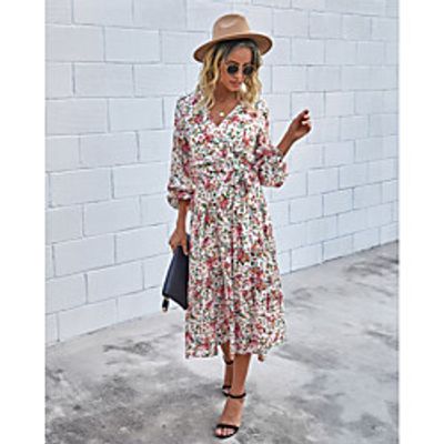 Women's A Line Dress Midi Dress White Red Brown Long Sleeve Floral Ruched Lace up Print Fall Spring V Neck Hot Casual Holiday 2021 S M L XL / Cotton / Cotton miniinthebox