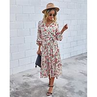 Women's A Line Dress Midi Dress White Red Brown Long Sleeve Floral Ruched Lace up Print Fall Spring V Neck Hot Casual Holiday 2021 S M L XL / Cotton / Cotton miniinthebox - thumbnail