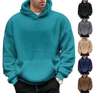 Men's Hoodie Fuzzy Sherpa Black Navy Blue Blue Brown Khaki Hooded Plain Pocket Sports  Outdoor Daily Holiday Streetwear Cool Casual Fall  Winter Clothing Apparel Hoodies Sweatshirts  Lightinthebox