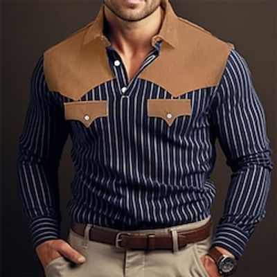 Men's Polo Shirt Button Up Polos Casual Sports Lapel Long Sleeve Fashion Basic Color Block Stripes Button Splice Spring   Fall Regular Fit Black Navy Blue Green Polo Shirt Lightinthebox
