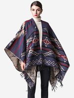 Fashion Women Autumn Winter Printed Stripe Cloak Poncho Cape Tassel Shawls Scarf