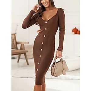 Women's Plain Dress Midi Dress Button Valentine's Day Date Vacation Elegant U Neck Long Sleeve Slim Black Brown Color S M L XL XXL Size Lightinthebox