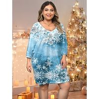 Women's Plus Size Curve Christmas Dress Casual Dress A Line Dress Snowflake Mini Dress Long Sleeve Print V Neck Fashion Outdoor Pink Blue Fall Winter S M L XL XXL Lightinthebox - thumbnail