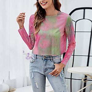 Women's T shirt Tie Dye Long Sleeve Round Neck Basic Tops Blushing Pink Green miniinthebox