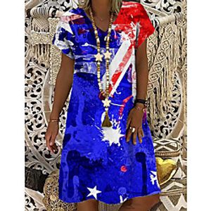 Women's T Shirt Dress Tee Dress Knee Length Dress Blue Short Sleeve Print Flag Print Spring Summer V Neck Casual 2021 S M L XL XXL 3XL Lightinthebox