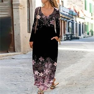 Women's Casual Dress Shift Dress Long Dress Maxi Dress Purple Long Sleeve Floral Pocket Winter Fall Autumn U Neck Winter Dress Weekend Fall Dress 2022 S M L XL XXL 3XL 4XL 5XL 6XL Lightinthebox