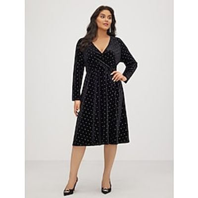 Women's Plus Size Curve Black Dress Velvet Dress Party Dress Polka Dot Midi Dress Long Sleeve V Neck Elegant Party Black Spring Wedding Guest Dress Lightinthebox