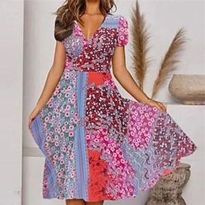 Women's A Line Dress Knee Length Dress Pink Orange Short Sleeve Print Color Block Print Spring Summer V Neck Elegant Casual Vacation 2022 S M L XL XXL 3XL 4XL 5XL Lightinthebox
