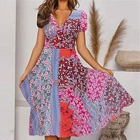 Women's A Line Dress Knee Length Dress Pink Orange Short Sleeve Print Color Block Print Spring Summer V Neck Elegant Casual Vacation 2022 S M L XL XXL 3XL 4XL 5XL Lightinthebox - thumbnail