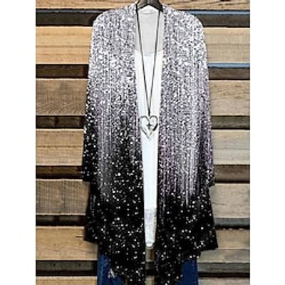 Women's Shirt Shrugs 2 Pieces Outfits Silver Blue Purple Color Gradient Print Long Sleeve Casual Basic V Neck Loose Fit Spring   Fall miniinthebox