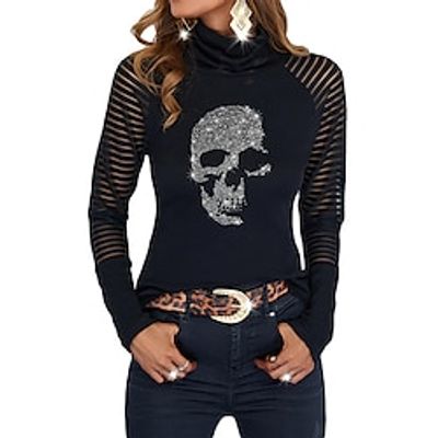 Women's T shirt Tee Silver Black Red Skull Heart Mesh Rhinestone Long Sleeve Daily Weekend Basic High Neck Regular Fit Spring   Fall Lightinthebox