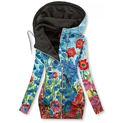 Women's Zip Hoodie Sweatshirt Active Sportswear Drawstring Zip Up Print Blue Floral Casual Sports Hoodie Long Sleeve Top Micro-elastic Fall  Winter Lightinthebox