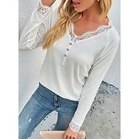 Women's T shirt Plain Lace Trims Button V Neck Basic Tops Green Blue White Lightinthebox - thumbnail