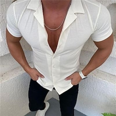 Men's Shirt Solid Color Turndown Street Casual Button-Down Short Sleeve Tops Casual Fashion Breathable Comfortable White Lightinthebox