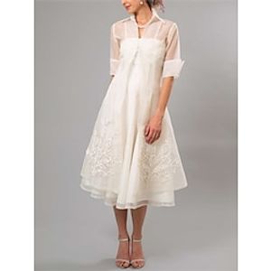 A-Line Mother of the Bride Dress Elegant See Through Shirt Collar Tea Length Organza Half Sleeve with Pleats Appliques 2023 Lightinthebox