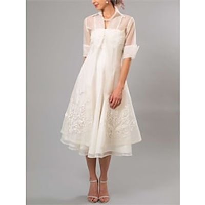 A-Line Mother of the Bride Dress Elegant See Through Shirt Collar Tea Length Organza Half Sleeve with Pleats Appliques 2023 Lightinthebox