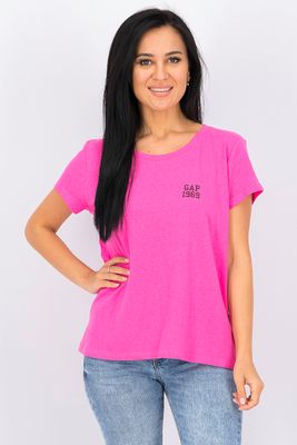 Womens Embroidered Crew-Neck Tee Pink Womens Embroidered Crew-Neck Tee Pink
