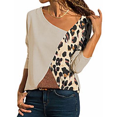 Women's T shirt Color Block Long Sleeve Patchwork V Neck Elegant Tops Blue Khaki Black / 3D Print miniinthebox