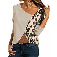 Women's T shirt Color Block Long Sleeve Patchwork V Neck Elegant Tops Blue Khaki Black / 3D Print miniinthebox - thumbnail