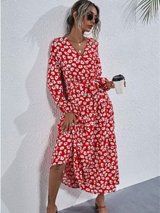 Red Random Floral Print Wrap Belted Tie-up Design V-neck Long Sleeves Maxi Dress