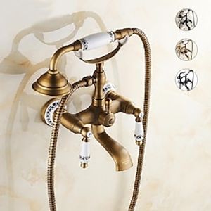Bathroom Sink Faucet,Brass Telephone Shape Wall Installation Widespread Pull-out Country Style Electroplated Copper Finish Two Handles Bathtub Faucet with Handshower and Drain miniinthebox