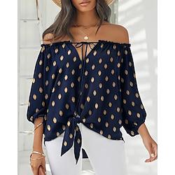 Women's Shirt Blouse Polka Dot Leaves Vacation Going out Lace up Print Navy Blue Long Sleeve Casual Off Shoulder Spring Summer Lightinthebox