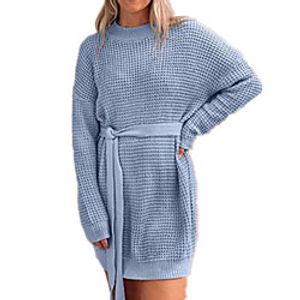 Women's Sweater Jumper Dress Short Mini Dress Blue Army Green Black Beige Long Sleeve Solid Color Lace up Fall Winter Round Neck Casual 2021 S M L XL XXL miniinthebox